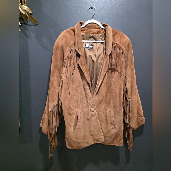 Vintage Fringe Leather Coat Sz M Hippie Jacket Single Button Collar Women Tan - Picture 1 of 16